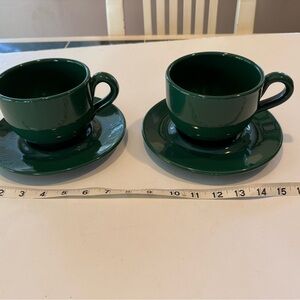 SET OF TWO NORDSTROM GREEN CERAMIC XL COFFEE / SOUP CUP & SAUCER SETS